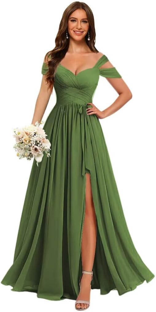 Stylefun Women's Off Shoulder Bridesmaid Dress with Belt Chiffon Ruched Formal Evening Gowns STN002