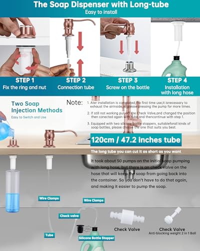 Image of Brass Kitchen Soap Dispenser, Red Copper in Sink Liquid Dish Soap Dispenser, Under Sink Hand Metal Dispenser Pump, 47.2 inch Silicone Long Tube for 0.79 inch- 1.38 inch Bottle Mouths