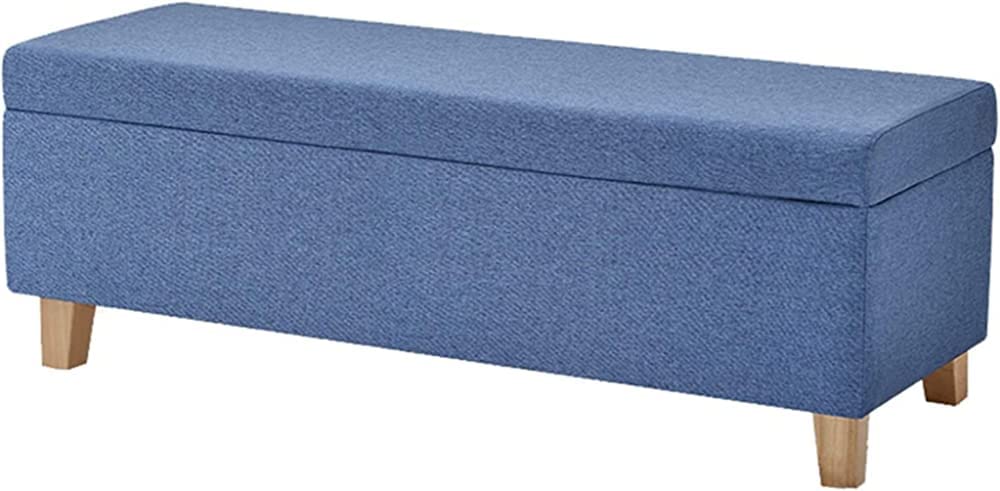 Boîte de rangement en tissu bleu et grand banc pouf repose-pieds 120cm pour gagner de la place