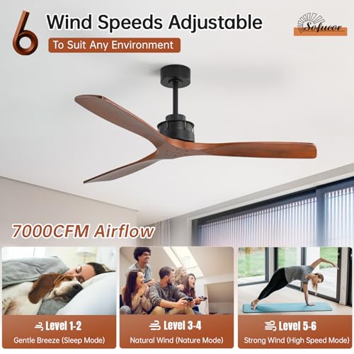 Image of Sofucor 60 Inch Ceiling Fan No Light, Large 3 Solid Wood Blade