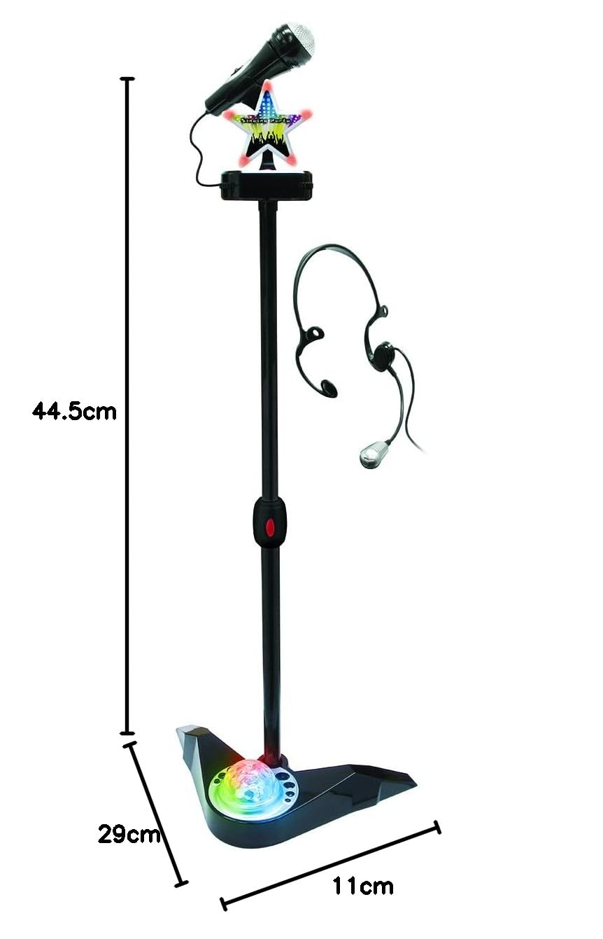 DEQUBE-Micrófono Karaoke de pie con Altura Ajustable-Incluye Bola de Luces Disco y Auricular-Conexión a Distintos Dispositivos Sonido -Tamaño 65-100cm (916D00037) negro