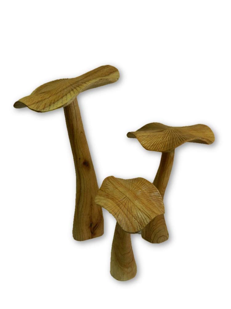Wooden Mushroom Carving - Set of 3 Flat-Top Toadstools - Approx. 20/25/35cm - Handmade Outdoor Garden Accessories Made From Sustainable Wood - Unique Fairy Garden Feature