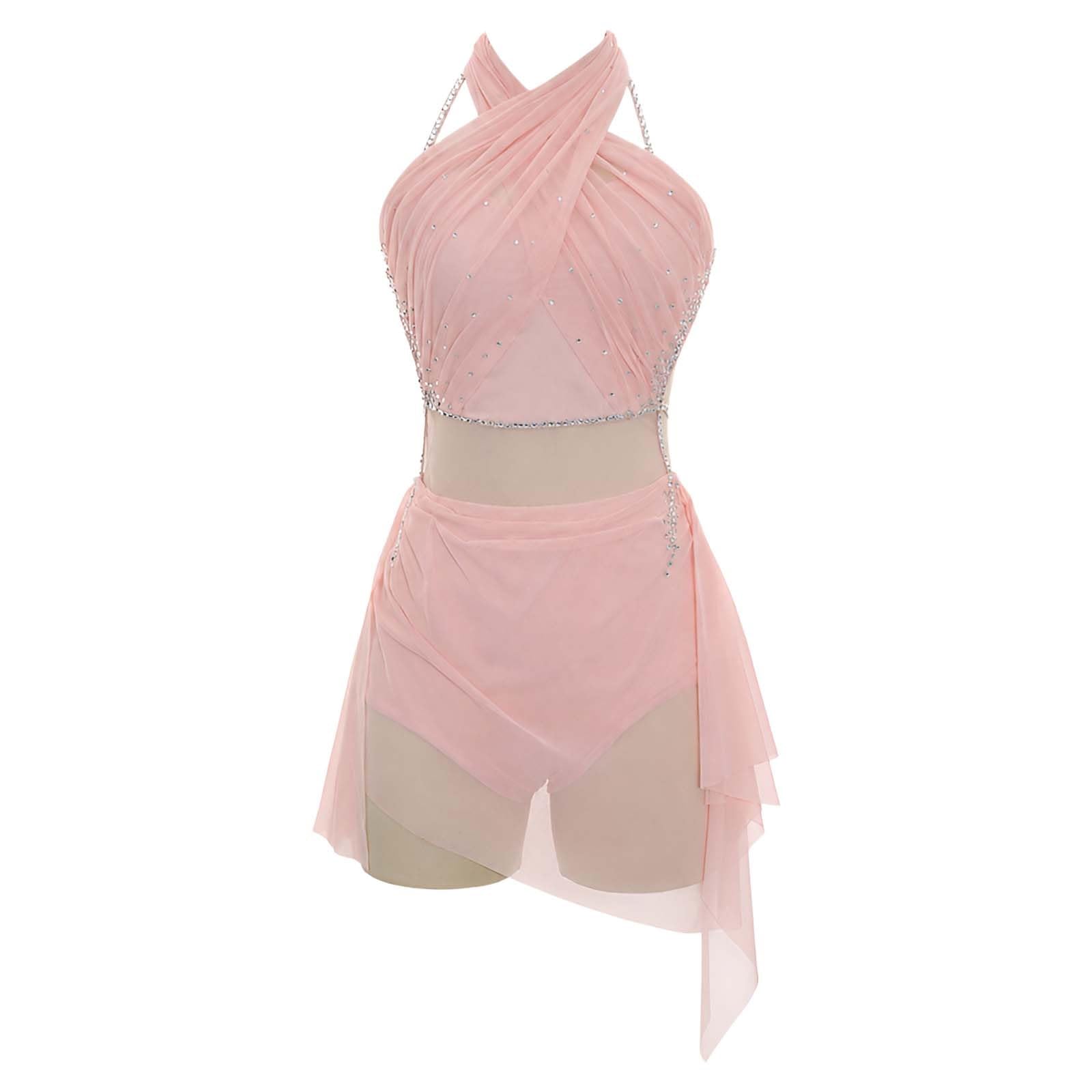 Strój do Tańca Lirycznego Damski Halter Krzyżowany z Odkrytymi Plecami | Strój do Tańca Nowoczesnego, Elastyczny Spandex z Siatką i Kryształkami, Drapowany Halter z Asymetryczną Spódnicą