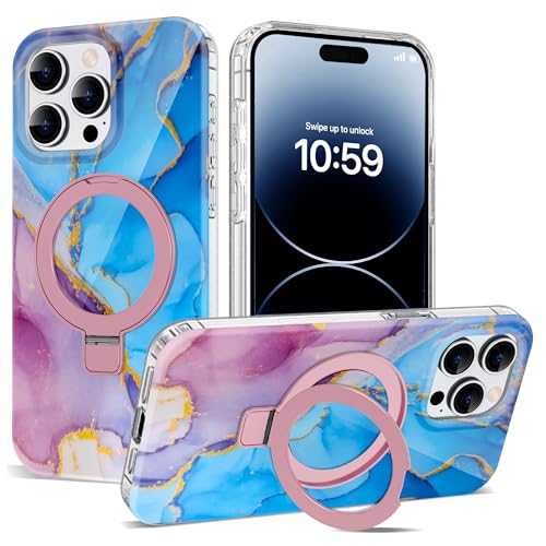 Coque iPhone 14 Pro anti-rayures avec anneau magnétique motif marbre bleu