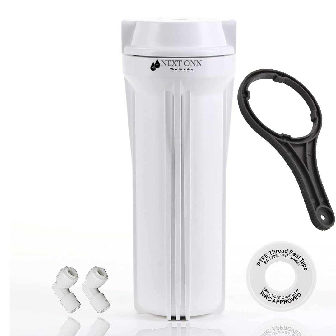 Next onn Heavy Duty 100% Food Grade plastic Pre Filter Housing bowl with opener key and 1 teflon tape 2 pcs elbow connector for Dolphin/Aquagrand/Reviva/Aquafresh suitable for all Water Purifiers (pack of 5)