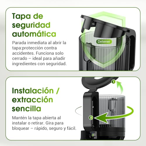 WETIE Extractor de Zumos y Verduras, Licuadora de Prensa en Frío con Boca Extra Grande 120mm, 99% Rendimiento, Slow Juicer Silencioso, Fácil de Limpiar, Incluye 2 Vasos - imagen 7
