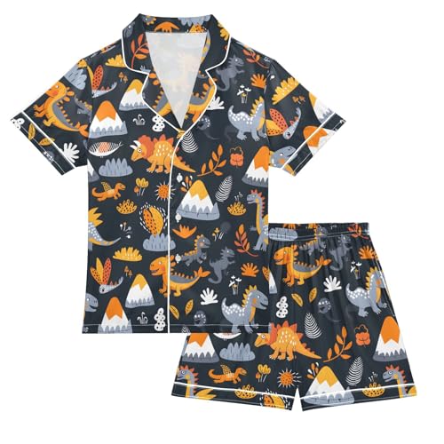 ALAZA Cute Dinosaur Mountain Satin Pajamas Set Short Sleeve Button Down Sleepwear Summer Pjs 2 Piece