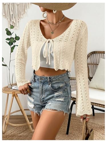 Image of Verdusa Women's Tie Front Crop Cardigan Bell Long Sleeve Scalloped Lightweight Knit Tops Summer Beach Cover Up