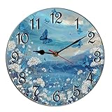 Horienteeon Blaue Schmetterlings-Wanduhr, Frühlingsblumen, Holz, Weihnachten, nicht tickend, leise, Quarz, Schlafzimmer, Wohnzimmer, Büro, Fitnessstudio, Küche, Badezimmer, Terrasse, Dekoration