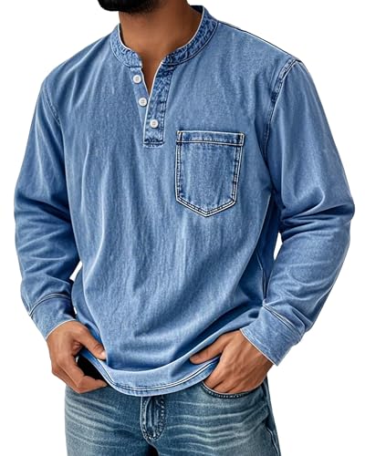 Men's Cotton Long Sleeve Henley Shirts Acid Wash Distressed Button Pocket T-Shirt Casual Vintage Pullover Shirt