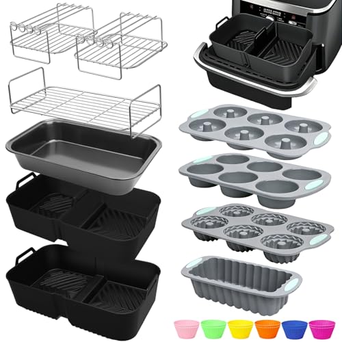 Airfryer Zubehör für Ninja AF500EU Foodi FlexDrawer Dual Zone Ninja Heißluftfritteuse Zubehör mit 1×10 4L und 2×5 2L Silikonform & Grillrost BPA-frei Wiederverwendbar (31 Stück)