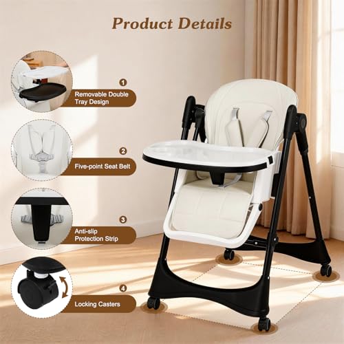 Image of 3-in-1 Baby High Chair | Convertible Baby High Chair for Babies and Toddlers | Brake Wheels, Easy Clean, Space Saving | Adjustable, Removable Tray (Black White)