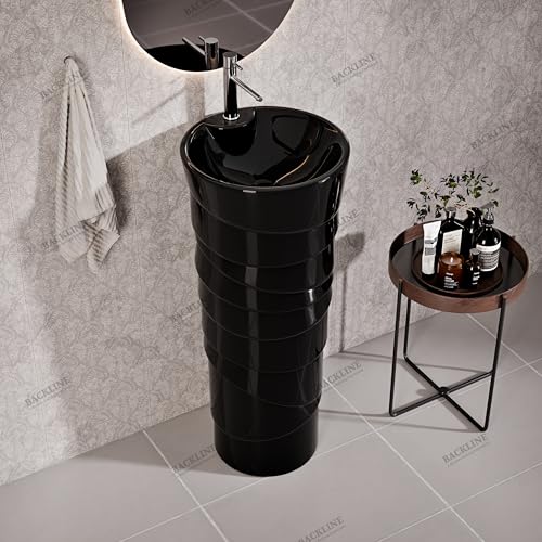 Image of Backline Ceramic Pedestal Wash Basin for Bathroom | Free Standing Pedestal Basin for Bathroom /Office /Living Room /Restaurant | Black Glossy Finish (38.5 X 38.5 X 86 Cm)(7 Years Glaze Warranty)