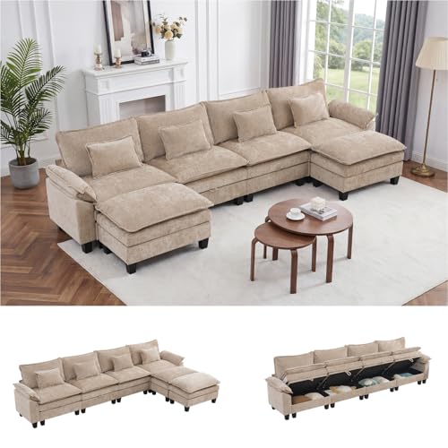 Image of IPKIG 151 inch Modular Cloud Couch with Storage, U Shaped Sectional Sofa with Ottoman & Pillow, Chenille Deep Seat Sectional Couches for Living Room, Apartment, Khaki,