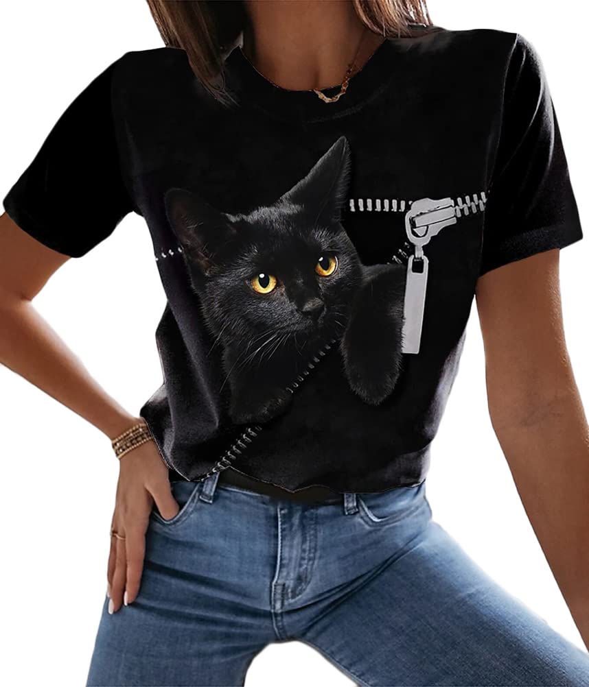 Tomwell Camicia da Donna Gatto 3D Carino Girocollo Gatto Stampa T-Shirt Manica Corta Maglione Allentato Casual Cat Shirt Top
