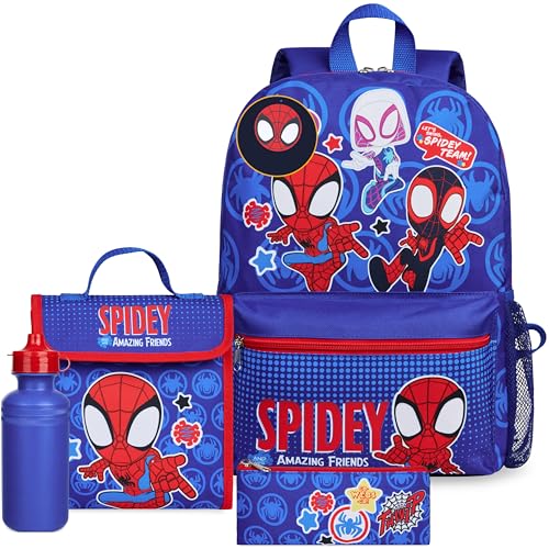 Marvel Spiderman Sac a Dos Enfant Set 4 Pcs Bouteille d'eau y Trousse Scolaire Sac a Lunch ou Portefeuille Porte-clés Cadeau Enfant (Spidey)
