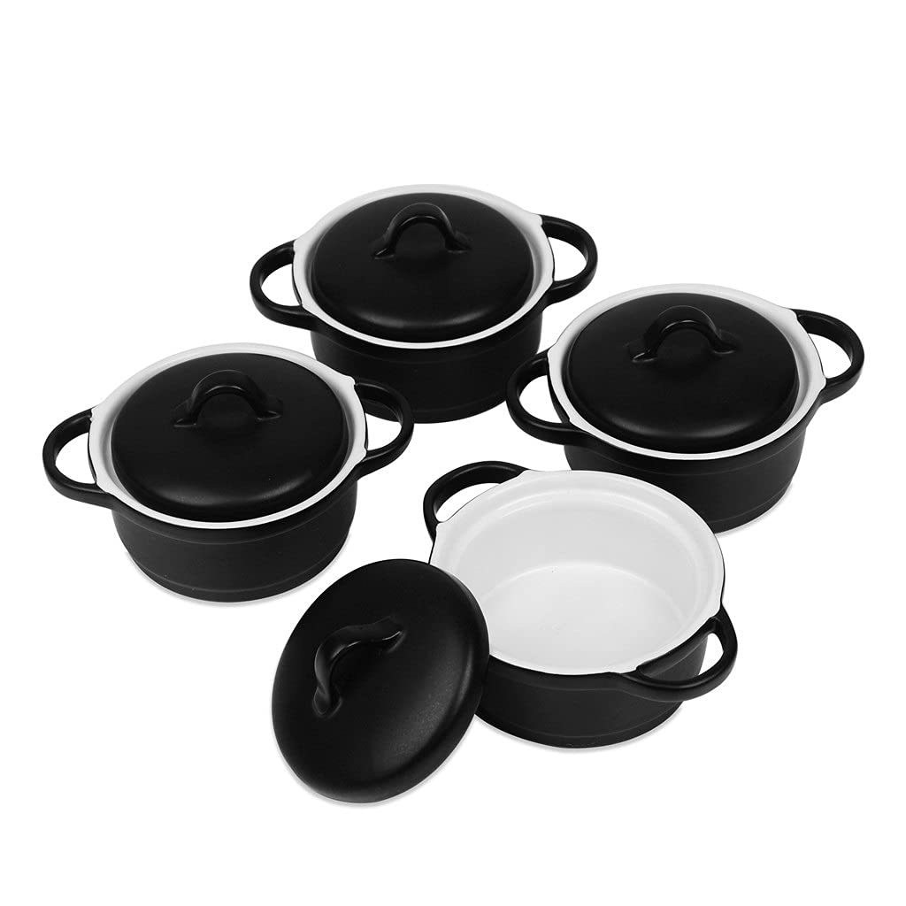 4-teilige Auflaufform aus Keramik mit Deckel, runde Mini-Auflaufförmchen aus Porzellan, Auflaufform, Souffléform-Set