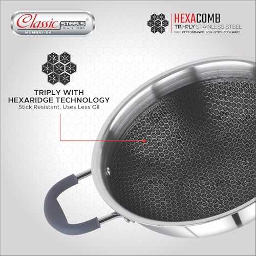 Image of Classic Steels Hexa Comb Triply Kadai Without Lid - 3.5 LTR (28cm) | 2.5mm Thickness | Durable Stay Cool Silicon Handle | Induction Bottom | Heavy Gauge Cookware Kadhai | 5 Year Warranty