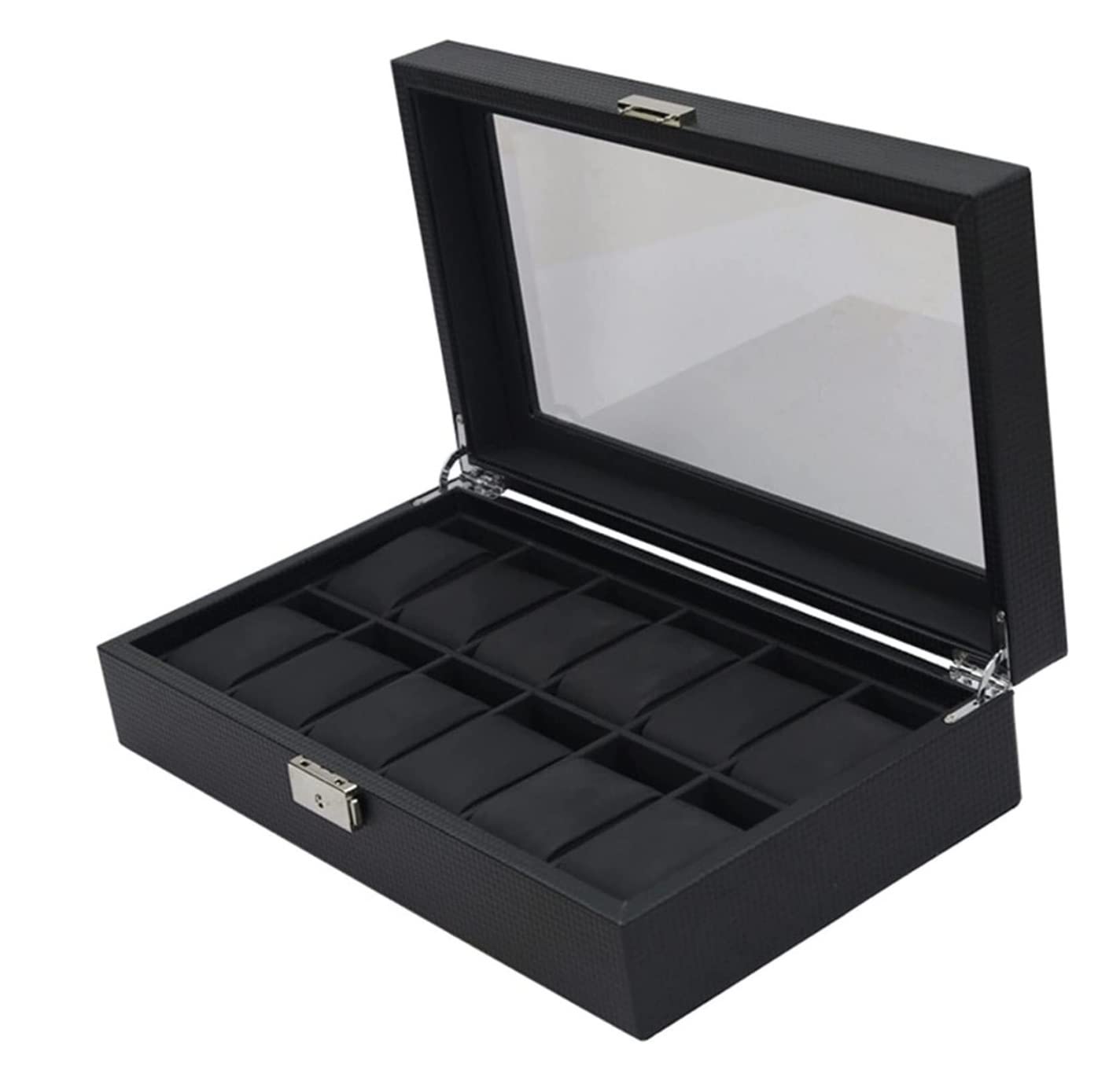 Caja De Reloj Caja De Almacenamiento Para Exhibición De Relojes, Colección De Joyas, 12 Ranuras, Fibra De Carbono, Hebilla De Metal, Caja Organizadora Para Relojes Estuche Para Relojes