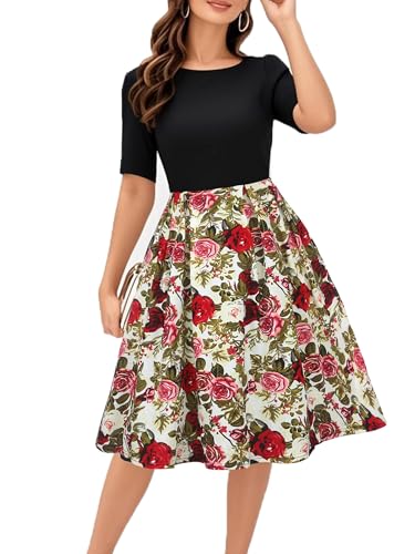 oxiuly Black White Flower Cocktail Guest Cocktail Novelty Independence Day Dresses Christmas Elegant Casual New Year Hepburn Style Vintage New Baby Dress with Pockets OX165 Black and Red Rose L
