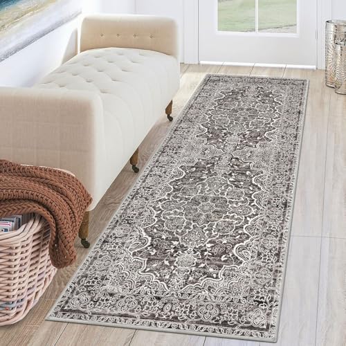 KUTA Runners for Hallways 2x6 Tan Grey, Vintage Floral Kitchen Rugs Non-Slip Washable Runner Ultra Soft Printed Retro Flower Carpet Entryway Rug for Bedroom Laundry Nursery Entryways