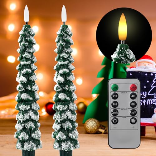 Image of Flameless Christmas Tree Candles with Remote - 2 Pack LED Snowy Tree Battery Operated Candles, Realistic Flickering Flame, Safe Holiday Home Decor for Christmas Decorations & Gifts