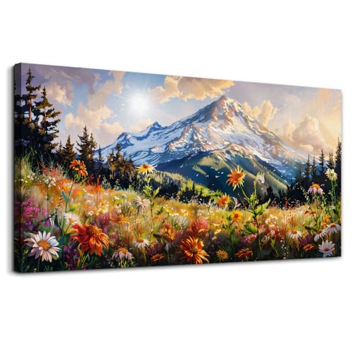 FUHAIHUA Large Framed Wall Decor For Living Room Canvas Wall Art For Office Farmhouse Wall Decorations For Bedroom Mountain Flower Landscape Paintings Modern Pictures Artwork Home Decor 24x48 In