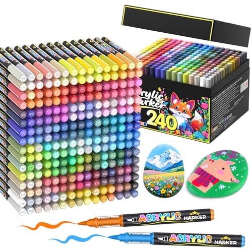 Lyuvie 240 Couleurs Feutre Acrylique, Acrylic Paint Brush Marker à Peinture à Base D'eau, Marqueur Peinture Acrylique pour Pierre,Bois,Galets,Papier, Tissu,Verre, Plastique