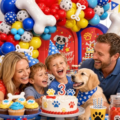 Image of PTGUOLUO Paw Balloons Garland Arch Kit 201Pcs with Dog Bone Foil Balloons and Paw Print Balloon, Royal Blue Yellow Red Balloons Arch Kit for Paw Birthday Baby Shower Party Decorations