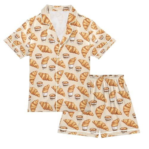 senya Croissant Coffee Satin Summer Pajama Sets Silk Short Sleeve Button Down Sleepwear