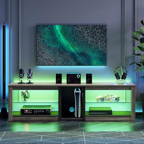Bestier TV-Schrank, Lowboard für 65 Zoll & kleinere TVs, 160 x 35 x 52 cm, Fernsehschrank mit RGB-LED-Leuchten, Fernsehtisch mit integriertes Kabelmanagement, verstellbare Glasschale