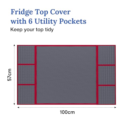 Image of Kuber Industries Non-Woven Fridge Top Cover | Washable & Anti-Dust Refrigerator Top Cover with 6 Utility Pockets for Kitchen | Strawberry Designs - Blue