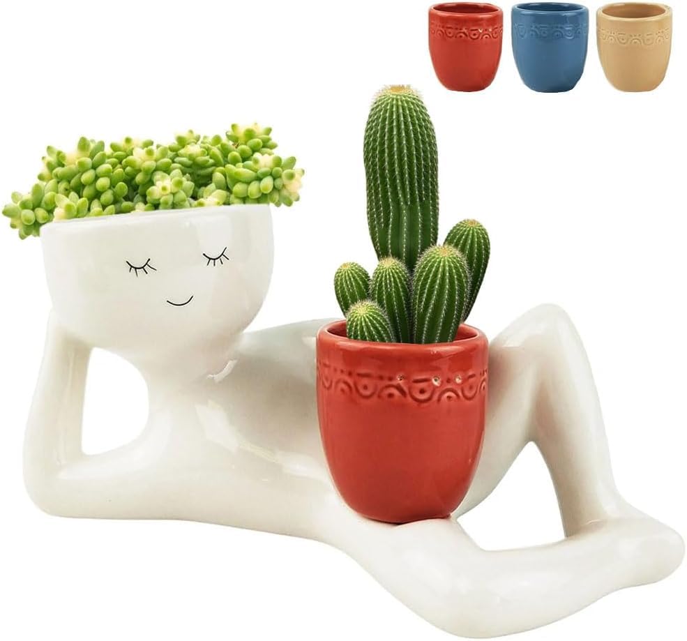 Funny Plant Pots with Drainage Hole, White Ceramic Reclining Figure Planter with Blue Cup, Decorative Succulent Holder (Red)