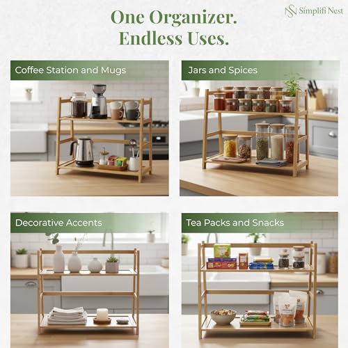 Image of SimplifiNest Bamboo 2-Tier Kitchen Counter Organizer Rack|L-Shape Space-Saving Countertop Shelf|Eco-Friendly Bamboo Storage for Spices, Jars, Mugs & Snacks|Stable, Lightweight Design