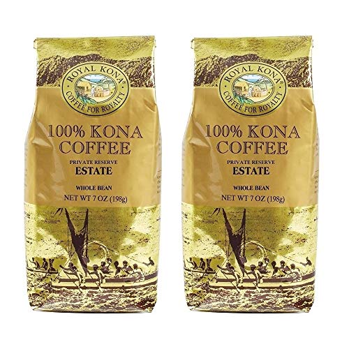 Royal Kona 100% Hawaiian Kona Coffee, Estate Medium Roast, Whole Bean - 7 Ounce Bag (Pack of Two)