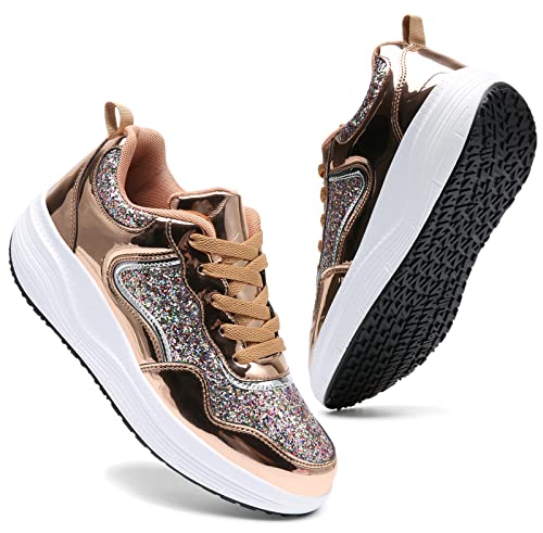 DADAWEN Women's Glitter Platform Wedge Athletic Tennis Walking Shoes Sparkly Sequin Lightweight Non Slip Casual Comfort Fashion Sneakers (Size:US5-US12)