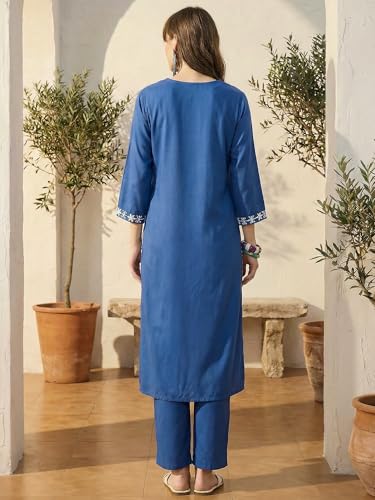 Image of INDO ERA Women's Viscose Rayon Floral Embroidered Straight Calf Length Kurta & Pant Set (IEAI11741)