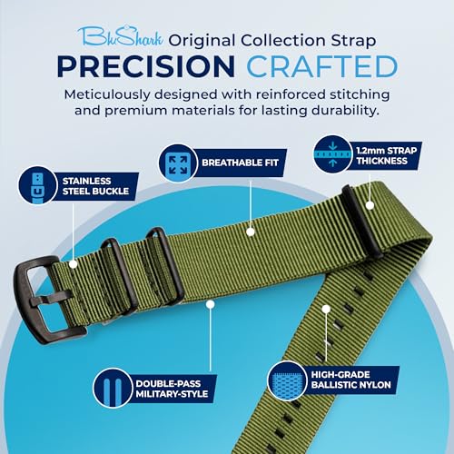 Image of BluShark - Original Collection Military-Style Waterproof Watch Strap, Fits All Timepiece Brands, Durable Nylon Wristwatch Accessories with Stainless Steel Buckle - 18mm, 20mm, 22mm & 24mm Watch Bands