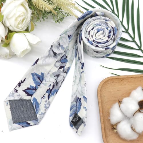 Image of Cotton Floral Ties for Men 2.76 inch Men's Skinny Tie Linen Flower Printed Neck Tie for Wedding Dating Party
