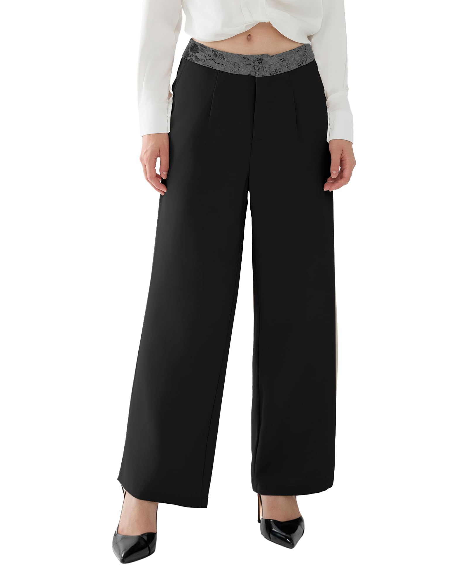 Susclude Womens Lace Casual Dress Pants Wide Leg Baggy Pleated Old Money Slacks High Waisted Fashion Business Work