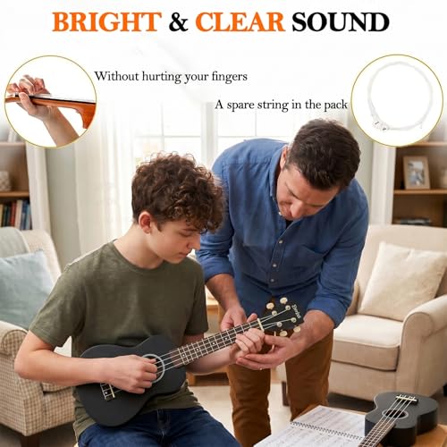 Image of Everjoys Soprano Ukulele Beginner Kit 21 Inch w /Free Online Lesson Gig Bag Tuner Picks Strap, Fast to Learn (Black)