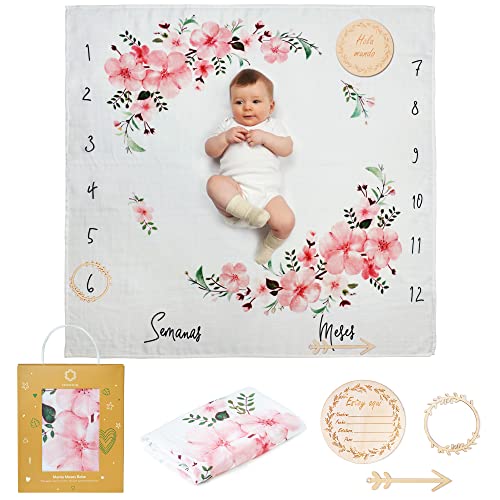 ODOXIA Manta Meses Bebé En Español | Muselinas Bebé Algodón | Manta Bebe Personalizada, Unisex | Tema de Hojas | Regalo Personalizado De Nacimiento Nuevas Mamás