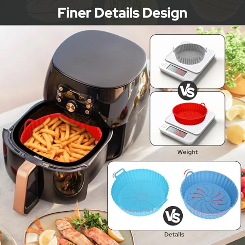 Alyvisun Air Fryer Silicone Liners, 2PCS Reusable Airfryer Basket Baking Tray Inserts Versatile Round Rack Pot for Microwave, Oven (Red+Sky Blue)