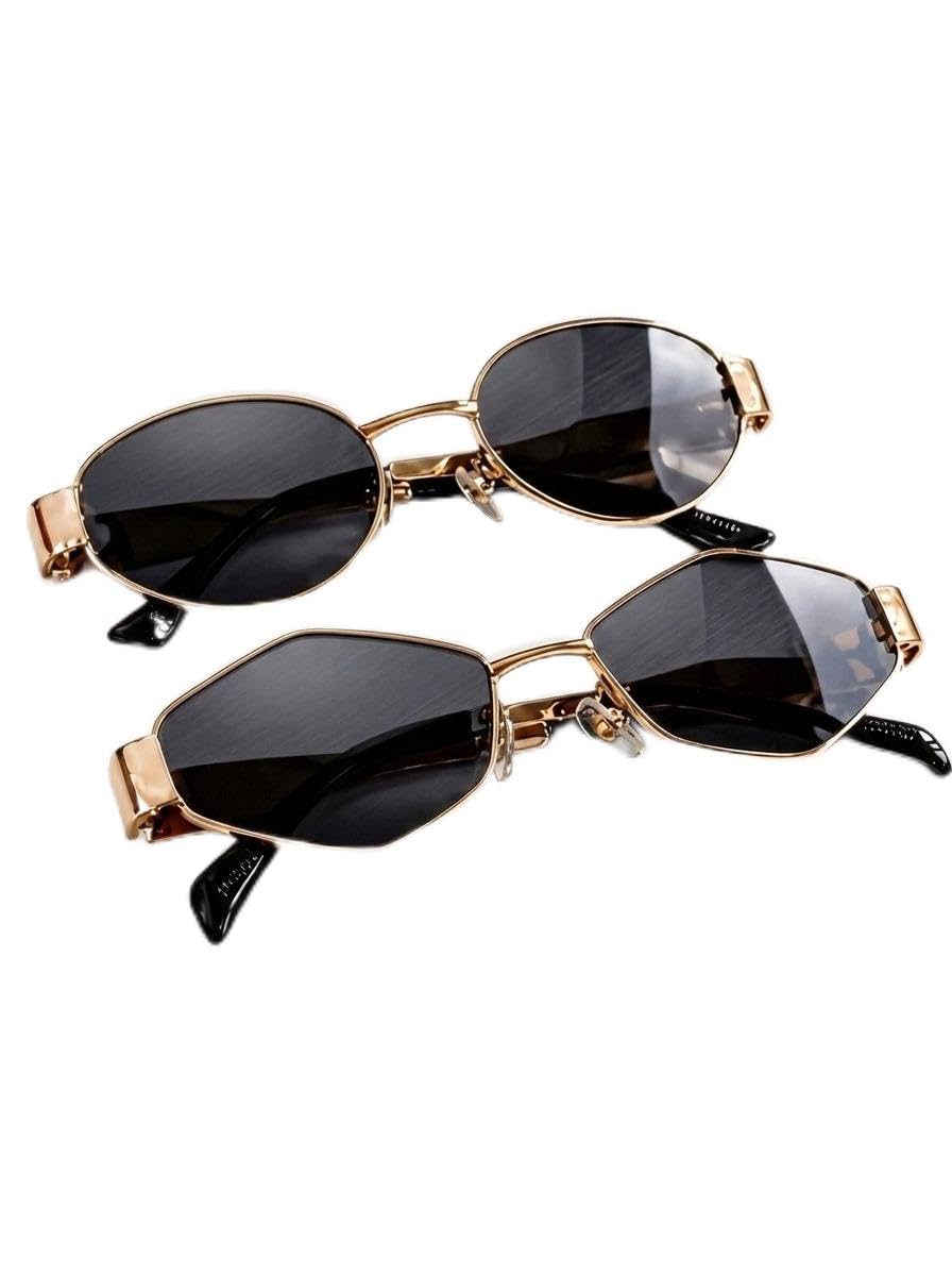 2 Pcs Retro Oval and Geometric Shield Sunglasses, Gold Metal Frame-image-12
