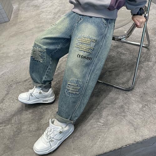 Teens Boys Ripped Jeans Kids Casual Destroyed Elastic Waist Straight Leg Denim Pants with Pockets Fashion Streetwear4