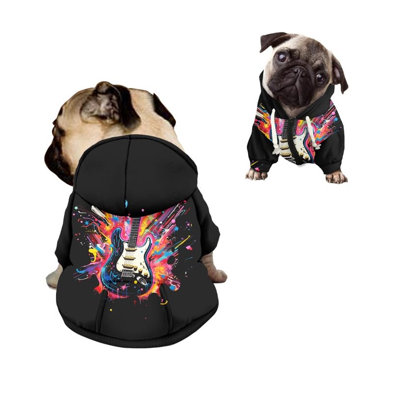 Kuiaobaty Guitar Print Hooded Dog Clothes Black Sweatshirt Soft Dog Onesie Jumpers Clothing, Colorful Graffiti Dog Hoodies for Small Dogs — image 1