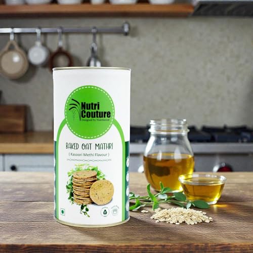Image of Nutri Couture Baked Oats Mathri Kasoori Methi | Healthy Namkeen Snack | High Fiber, Low Fat, Diabetic Friendly | Wheat Free, Vegan | Made in Olive Oil, No Palm Oil, No Preservatives | Crispy Tea Time Snack