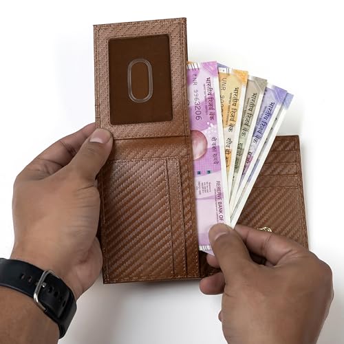 Image of Premium RFID Blocking Wallet for Men | Slim Carbon Fiber Leather with 12 Card Slots, Clear ID Window & Cash Pocket | Durable Bifold Genuine Cow Fiber Leather Wallet (Carbon CONIAC)