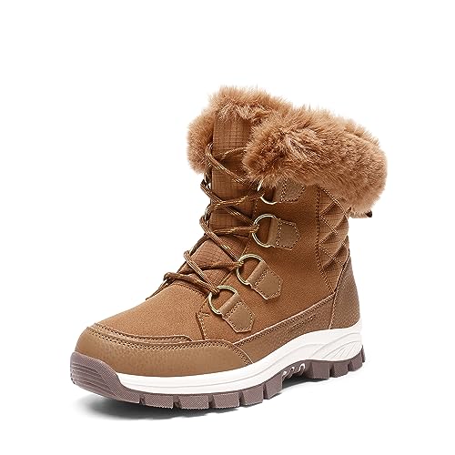 DREAM PAIRS Waterproof Snow Boots for Women, Faux Fur Cozy Warm Insulated Winter Boots Lace Up Mid-Calf Outdoor Shoes for Walking Hiking Hespera 5.5 Tan