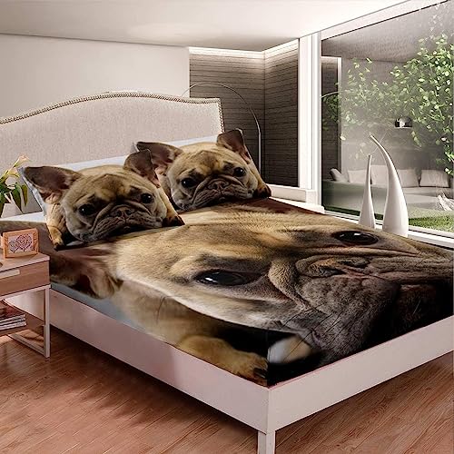 Lenzuola Matrimoniale, 3D Bulldog Francese Lenzuolo con Angoli in Microfibra Morbido - Altezza Materasso Fino a 30 cm - Coprimaterasso Traspirante e Lavabile con 1 Federe， A2758